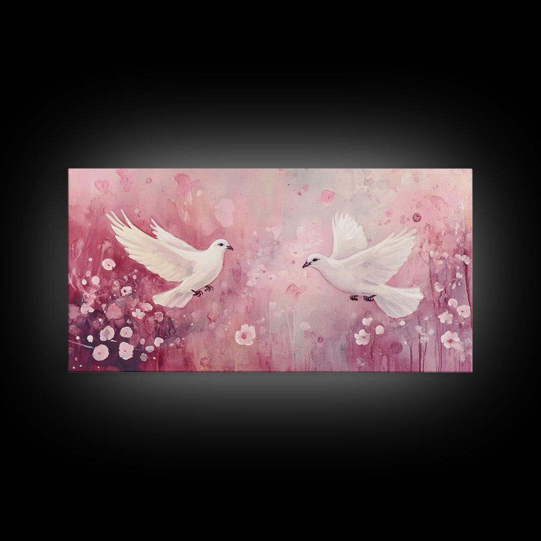 Romantic Doves Framed Canvas Print, Whimsical Pink and White Wall Art, Cherry Blossom Painting, Bedroom or Living Room Gift Idea