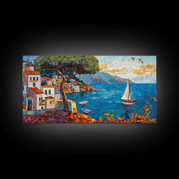 Coastal Sailboat Scene Mosaic Canvas Print - Nautical Decor Seascape Painting - Rustic Fall Wall Art Above Sofa Coastal Home Art