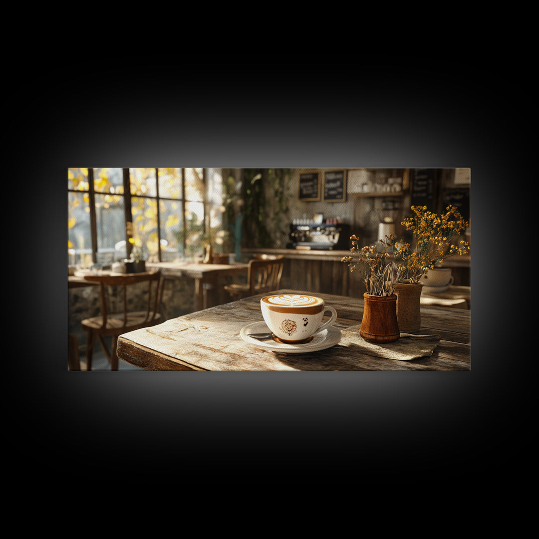 Cozy Cafe Latte Framed Canvas Print - Coffee Wall Art Kitchen Decor - Rustic Farmhouse Style Food Review Art - Gift Idea Her