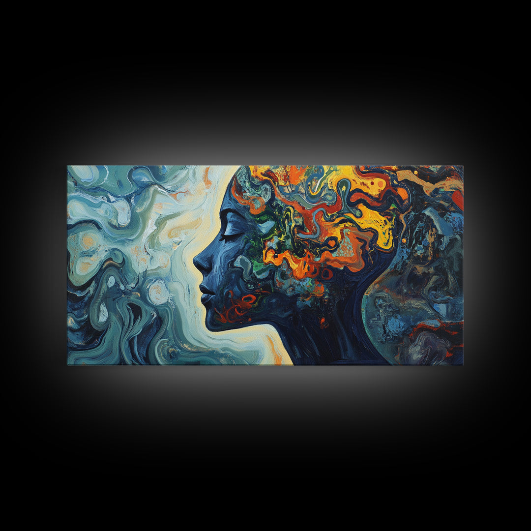 Abstract Woman Mind Framed Canvas Print - Artistic Brain Art Therapy Decor - Blue and Green Geometric Wall Art Minimalist Style