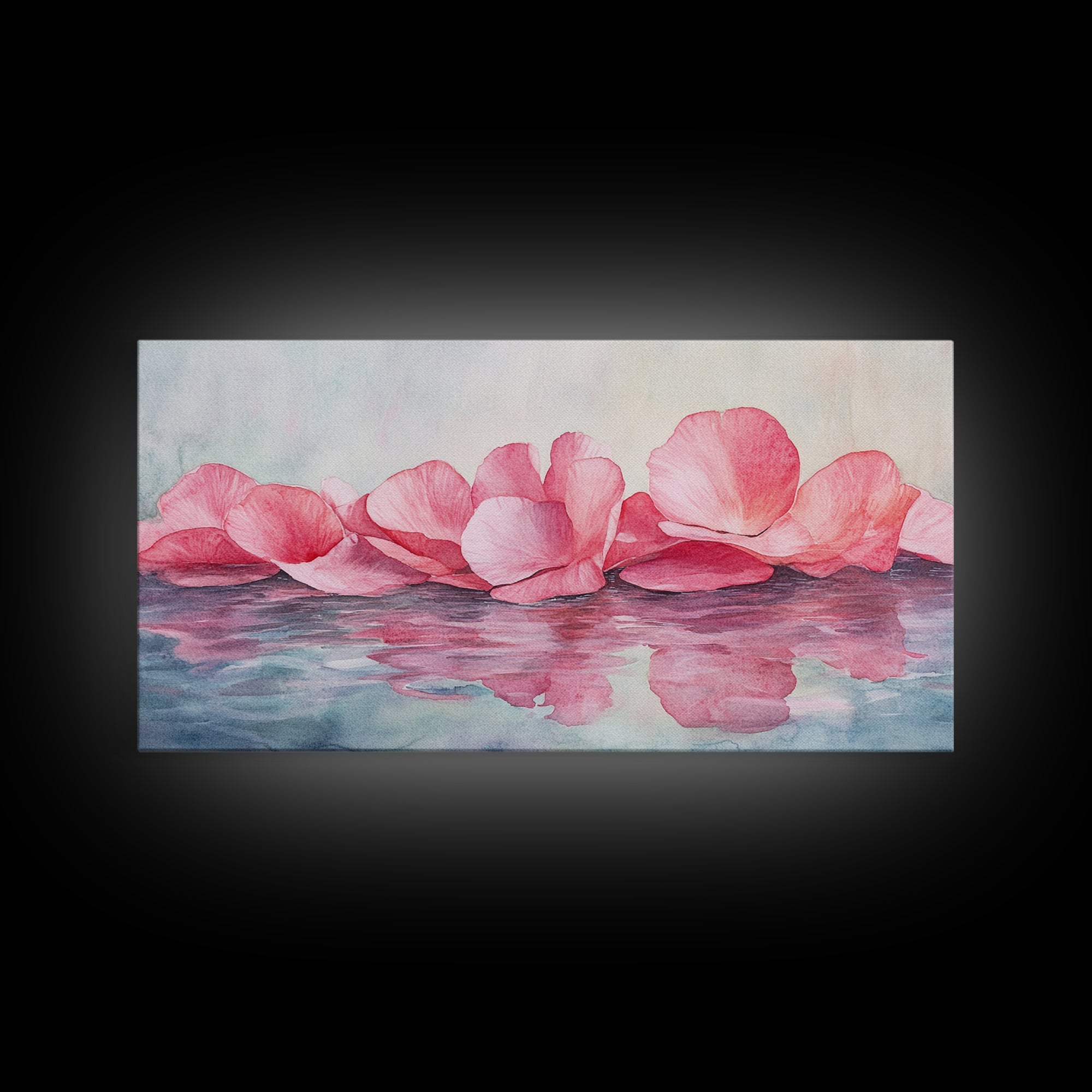 Delicate Rose Petals Reflected in Water Pink Wall Art on Framed Canvas Print, Romantic Bedroom or Living Room Accent Art