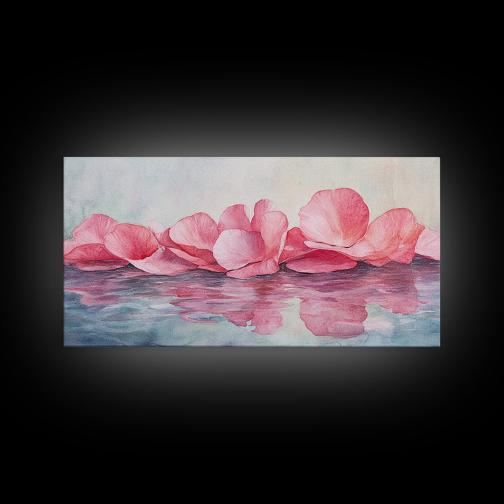 Delicate Rose Petals Reflected in Water Pink Wall Art on Framed Canvas Print, Romantic Bedroom or Living Room Accent Art