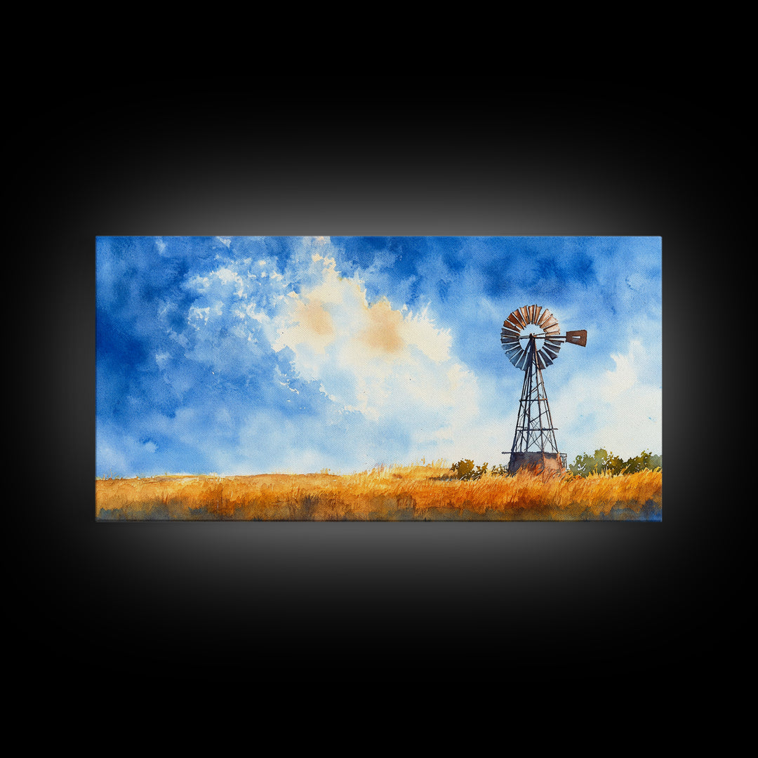 Bright Blue Sky Windmill Framed Canvas Print Rustic Farmhouse Art Horizontal Artwork Ideal Above Sofa Unique Living Room Wall Decor