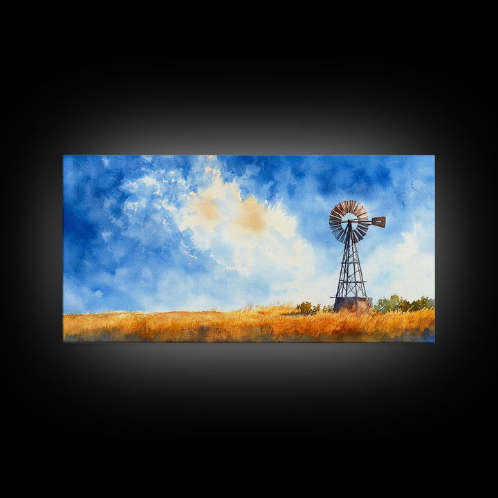 Bright Blue Sky Windmill Framed Canvas Print Rustic Farmhouse Art Horizontal Artwork Ideal Above Sofa Unique Living Room Wall Decor