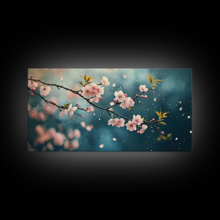 Blossoming Cherry Branch Framed Canvas Print Japanese Style Rustic Decor Great Gift Idea Botanical Prints Beautiful Bedroom Wall Art