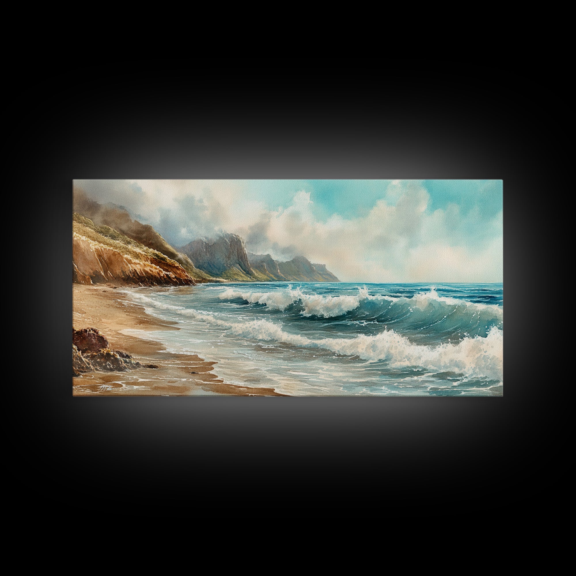 Coastal Landscape Canvas Print with Ocean Waves and Misty Cliffs, Nautical Wall Art Gift Idea, Coastal Decor Beach Painting