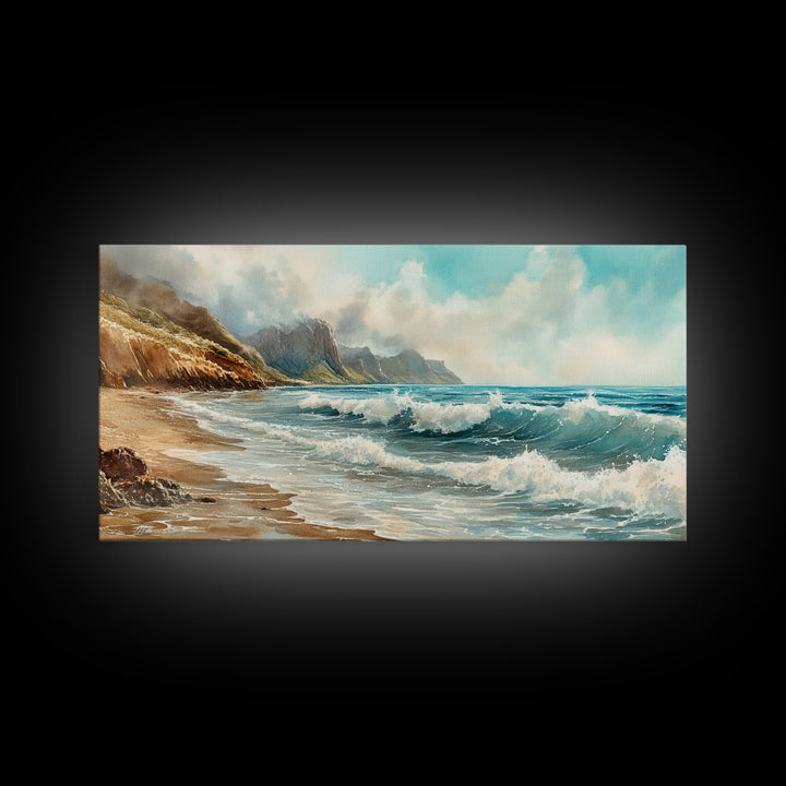 Coastal Landscape Canvas Print with Ocean Waves and Misty Cliffs, Nautical Wall Art Gift Idea, Coastal Decor Beach Painting