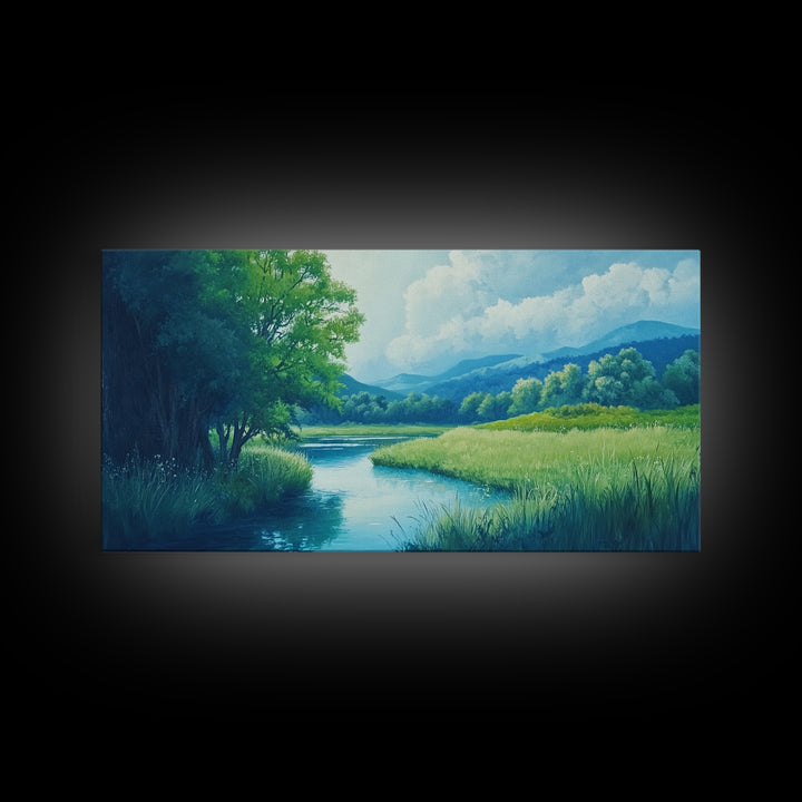Canvas Print of Serene Green Valley and River Landscape, Rustic Wall Art, Gift Idea for Nature Lovers and Rustic Home Decor