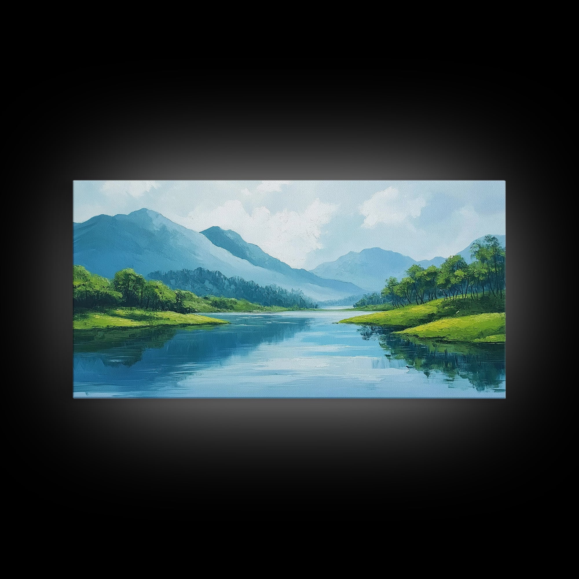 Blue Landscape Framed Canvas Print, Smoky Mountain Art Above Sofa Decor, Coastal Painting Gift Idea Living Room Horizontal Wall Art