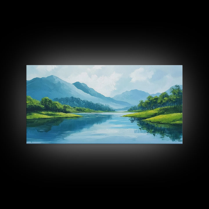 Blue Landscape Framed Canvas Print, Smoky Mountain Art Above Sofa Decor, Coastal Painting Gift Idea Living Room Horizontal Wall Art