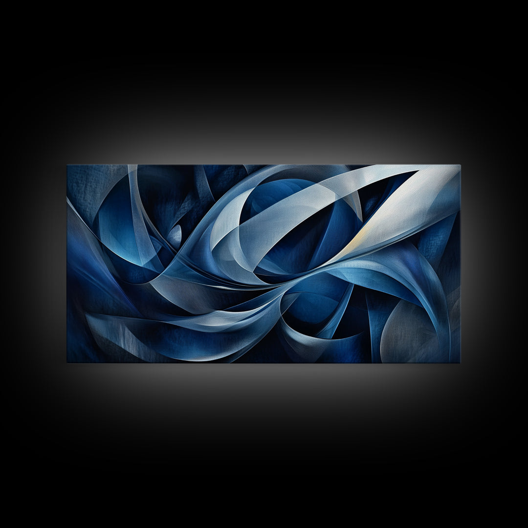 Abstract Blue Swirls Canvas Print, Geometric Wall Art Horizontal Decor, Moody Modern Artwork Gift Idea Living Room Panoramic Art
