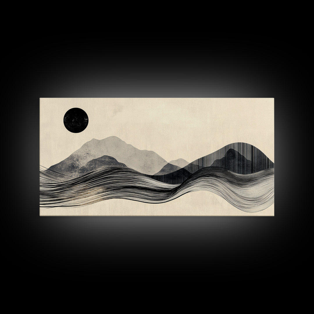 Abstract Mountain Landscape Framed Canvas Print, Wabi Sabi Wall Art Minimalist Decor, Rustic Line Art Idea Bedroom Artwork Vertical Design