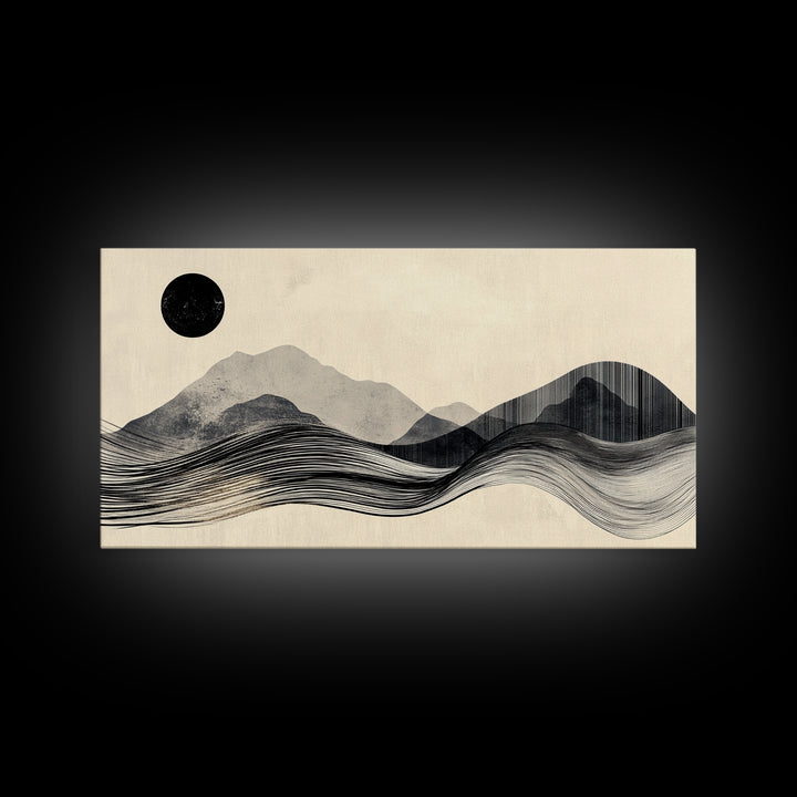 Abstract Mountain Landscape Framed Canvas Print, Wabi Sabi Wall Art Minimalist Decor, Rustic Line Art Idea Bedroom Artwork Vertical Design