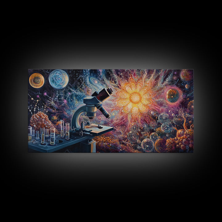 Zen Science Art Framed Canvas Print, Molecular Cosmos Microscope Painting, Moody Therapy Wall Decor, Above Sofa Living Room Art