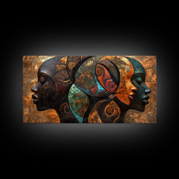 Abstract African Faces Framed Canvas Print, Afrocentric Wall Decor, Moody African Art, Geometric Bold Bedroom Art Gift Idea