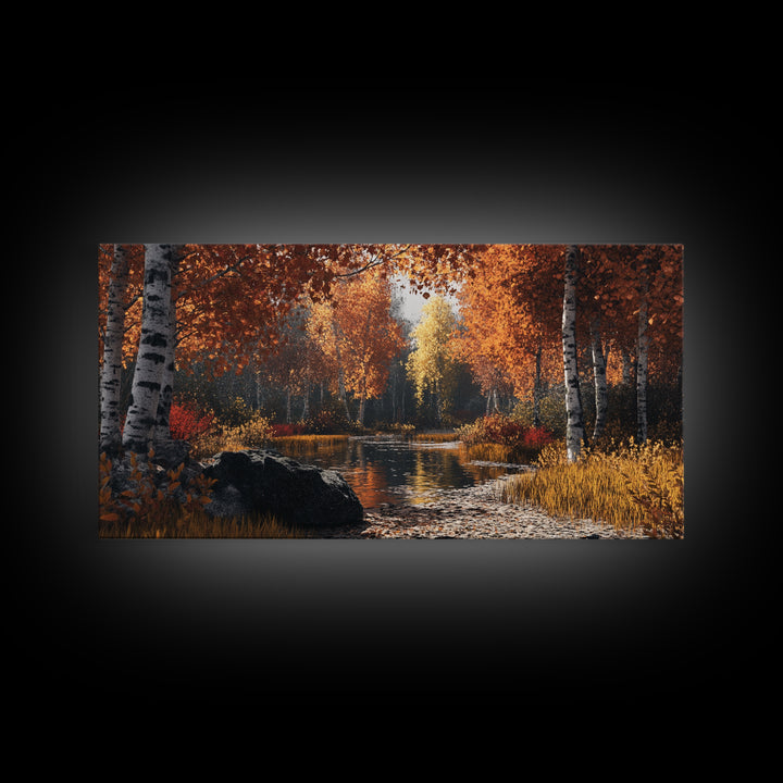 Autumn Birch Tranquility Framed Canvas Print with Birch Tree Painting and Fall Wall Art Rustic Art for Living Room Wall Decor