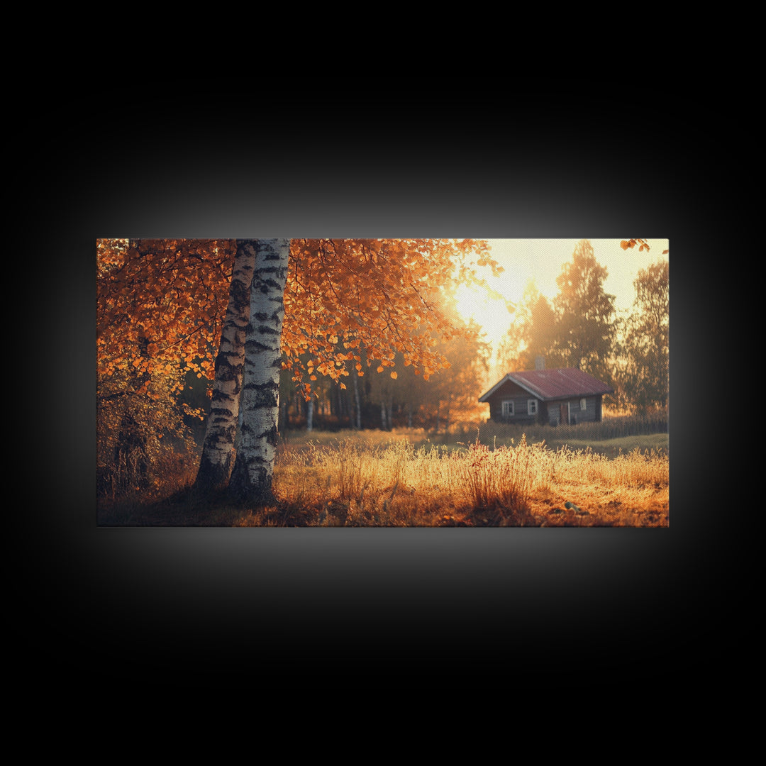 Cozy Autumn Cabin Framed Canvas Print with Fall Landscape Painting and Farmhouse Art Above Couch Art Living Room Rustic Decor