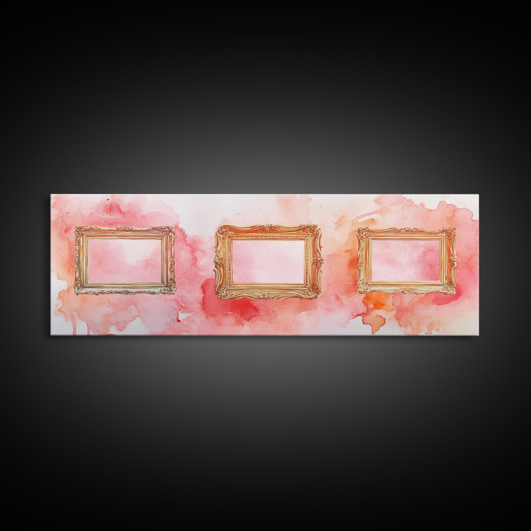 Decorative Frames Painting Canvas Print with Elegant Pink Abstract Background, Long Narrow Wall Art Perfect for Living Room Decor