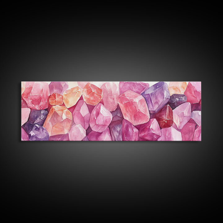Gemstone Painting Canvas Print with Whimsical Crystal Colors, Gift Idea with Pink Orange Wall Art Accents, Boho Vertical Art