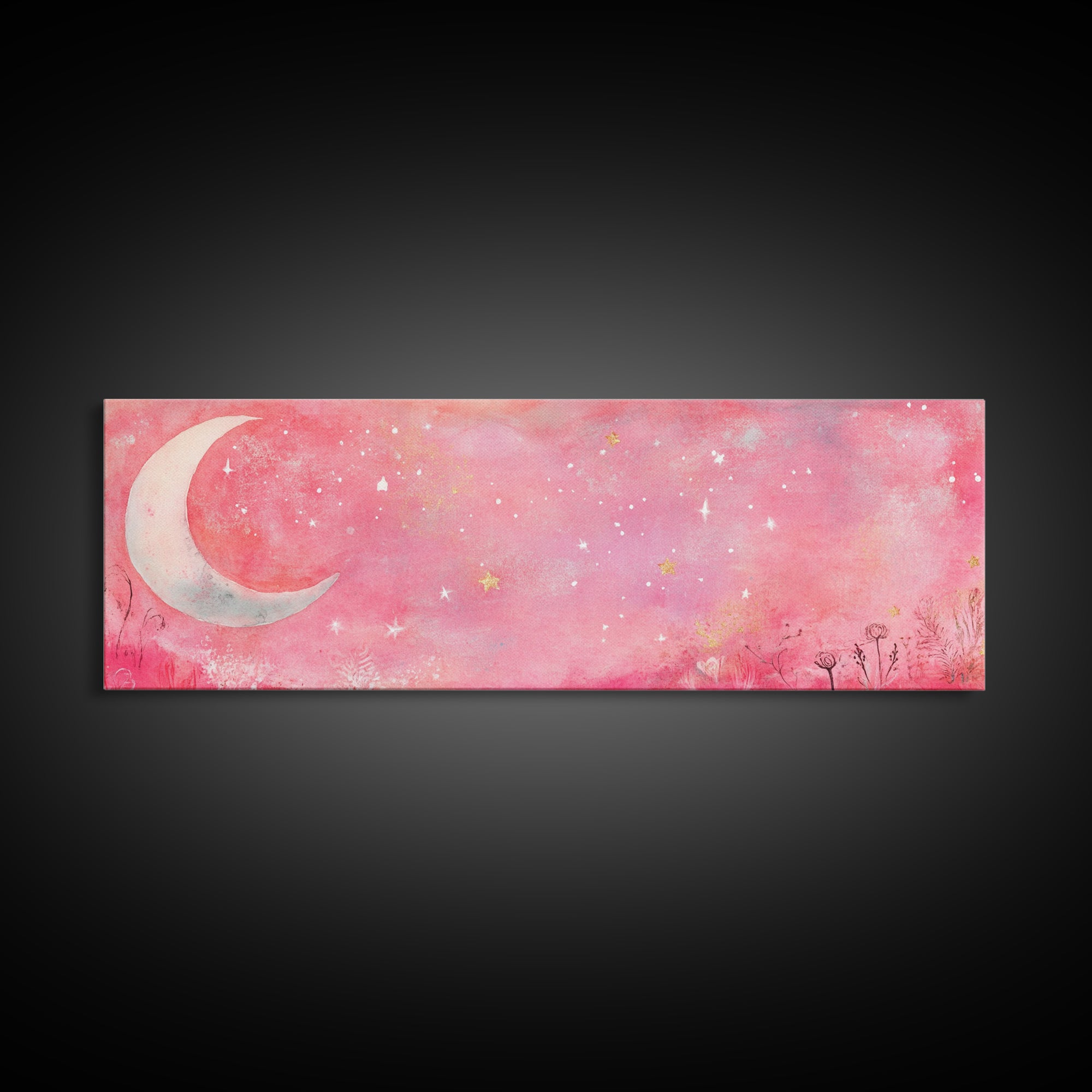 Crescent Moon Painting Canvas Print with Whimsical Starry Sky, Pink Wall Art for Living Room or Guest Room, Dreamy Decor