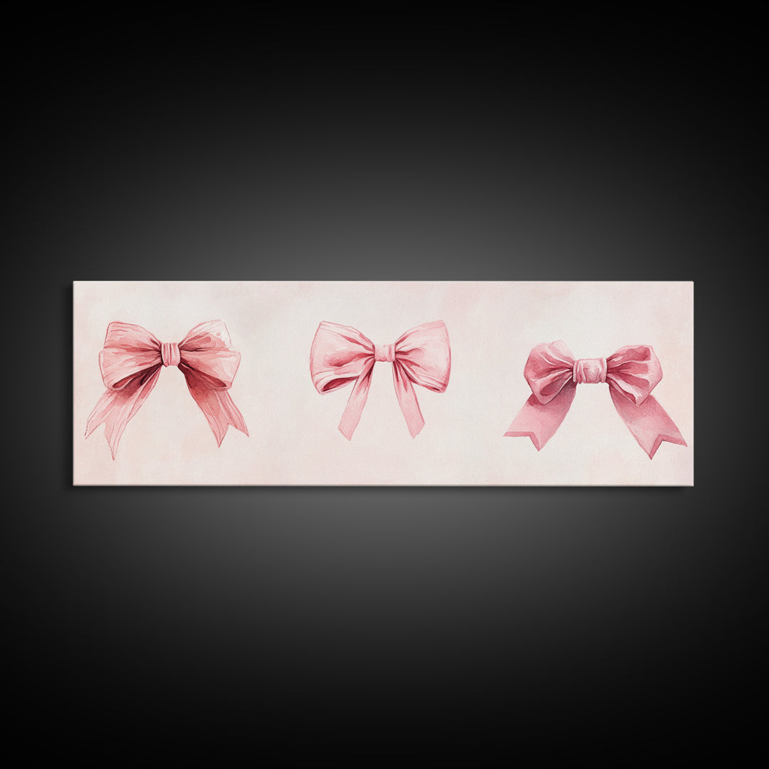 Light Pink Wall Art Canvas Print with Bows Decor, Minimalist Painting, Bedroom Art, Horizontal Abstract Artwork for Living Room