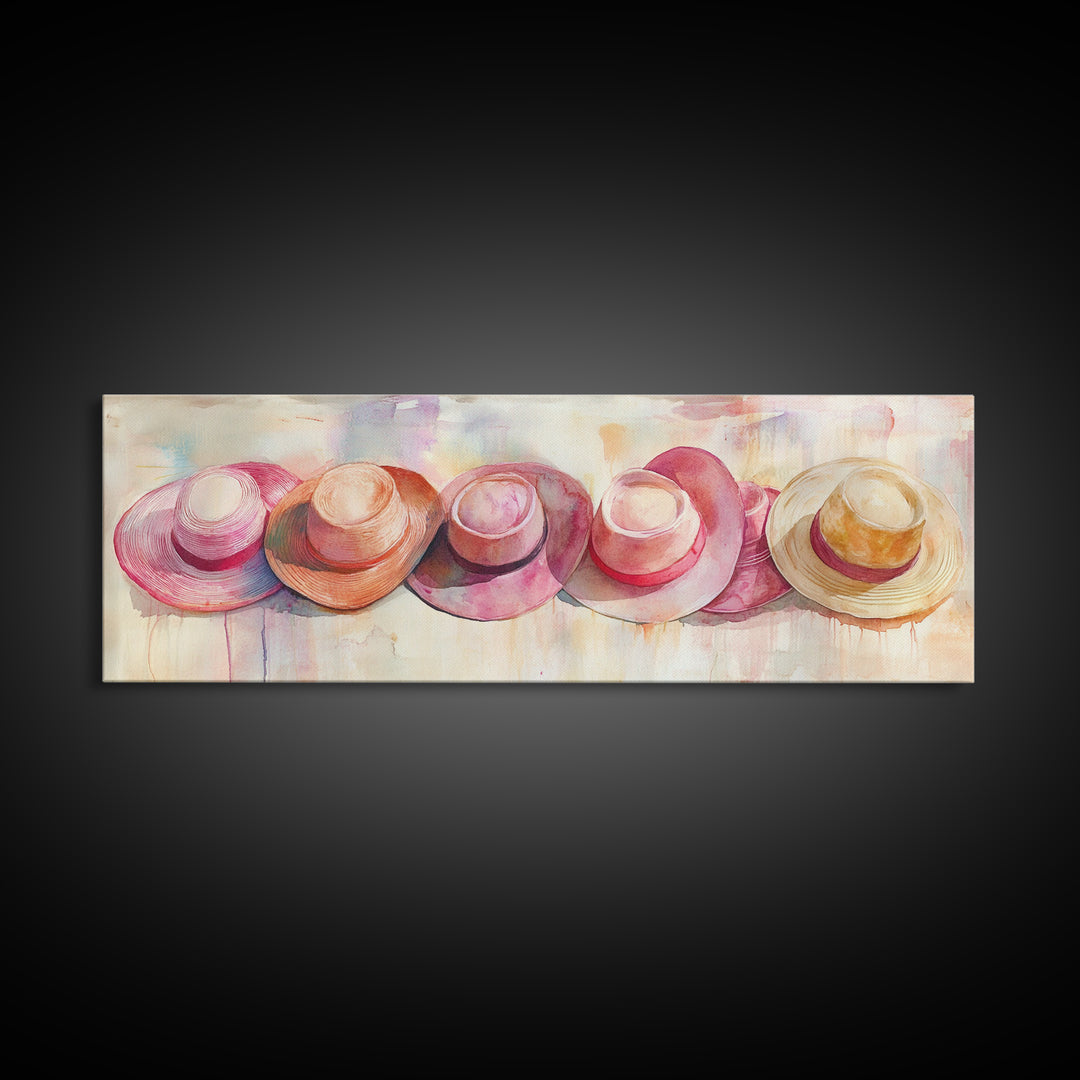 Pink Hats Wall Art Canvas Print Pearlescent Elements, Minimalist Abstract Artwork, Perfect Addition to Feminine Rustic Decor