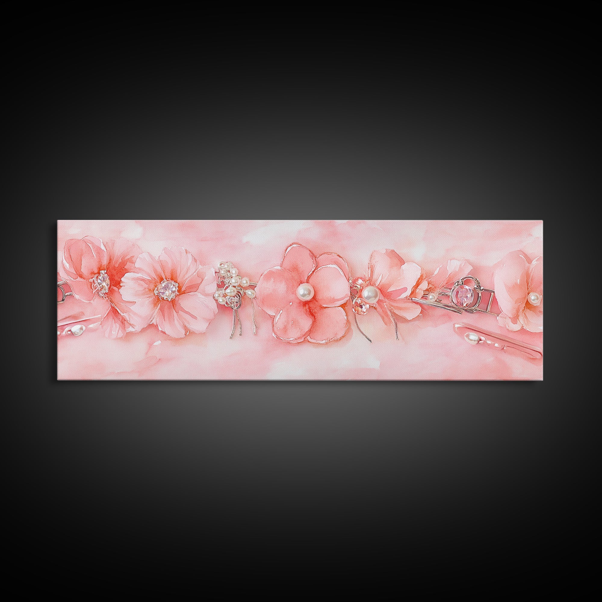 Cherry Blossom Canvas Print with Delicate Pearl Accents, Romantic Light Pink Wall Art for Bedroom or Coastal Wedding Decor