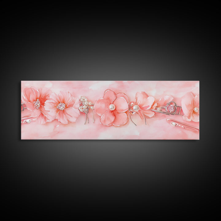 Cherry Blossom Canvas Print with Delicate Pearl Accents, Romantic Light Pink Wall Art for Bedroom or Coastal Wedding Decor