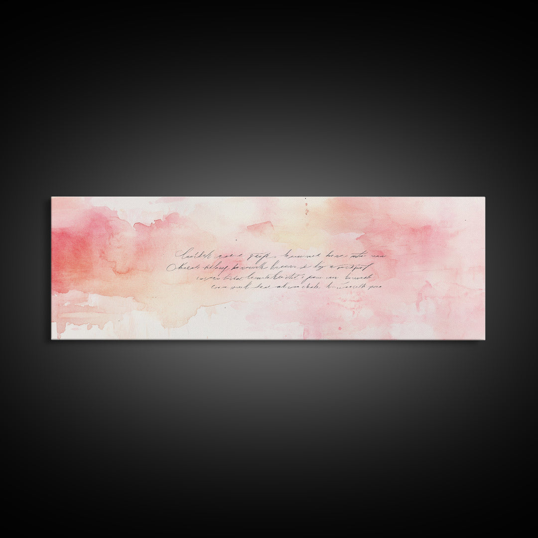 Romantic Calligraphy Canvas Print with Pink Abstract Art, Minimalist Wabi Sabi Aesthetic, Bedroom or Living Room Horizontal Wall Art