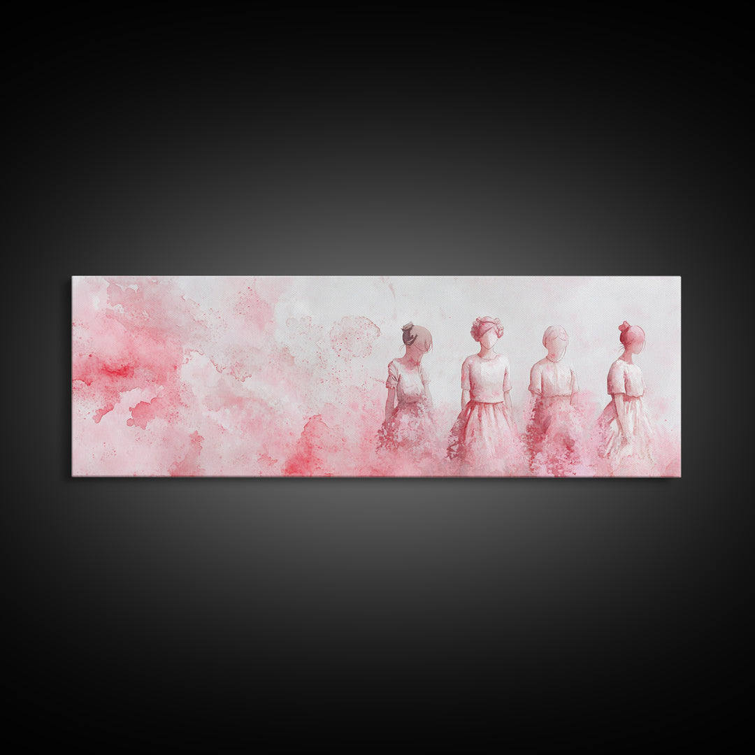 Four Women Canvas Print in Pink Abstract Art Style, Feminine Whimsical Aesthetic, Minimalist Living Room or Guest Room Horizontal Art