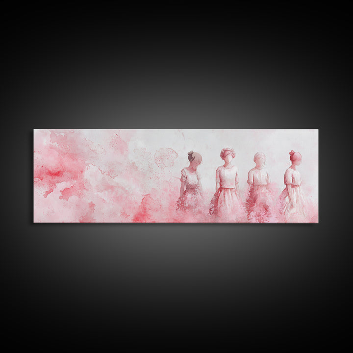 Four Women Canvas Print in Pink Abstract Art Style, Feminine Whimsical Aesthetic, Minimalist Living Room or Guest Room Horizontal Art