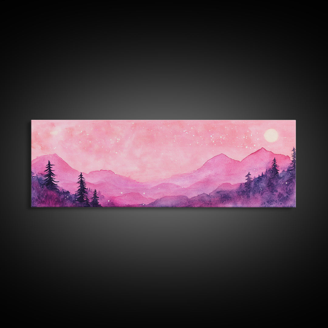 Mountain Landscape Art Framed Canvas Print in Light Pink Hues with Starry Sky, Bedroom or Living Room Artwork, Rustic Decor Painting