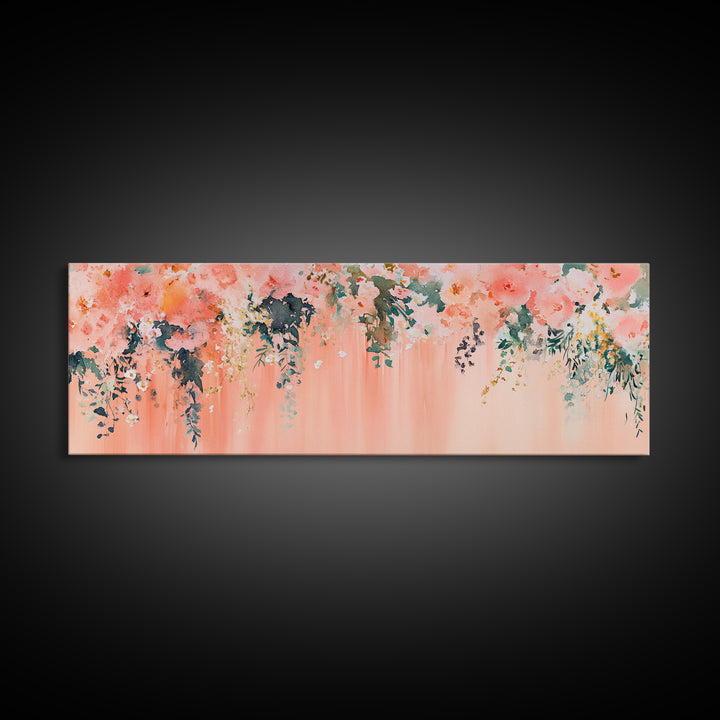 Floral Wildflower Painting Framed Canvas Print, Watercolor Botanical Prints in Peach and Green, Vertical Rustic Farmhouse Wall Art