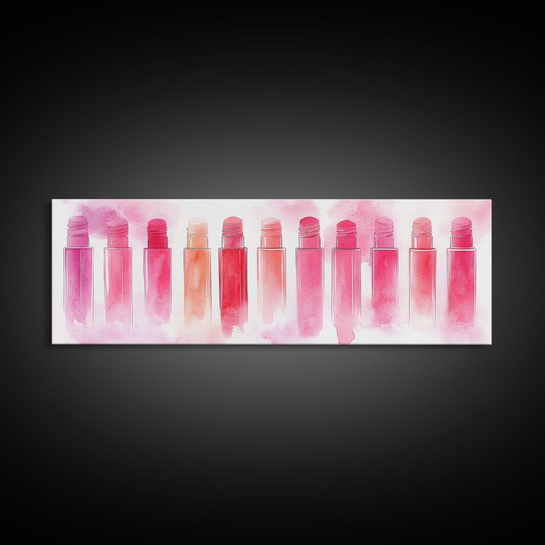Pink Abstract Art Framed Canvas Print Featuring Lip Gloss Collection, Feminine Living Room Artwork, Boho Dorm Decor Gift Idea