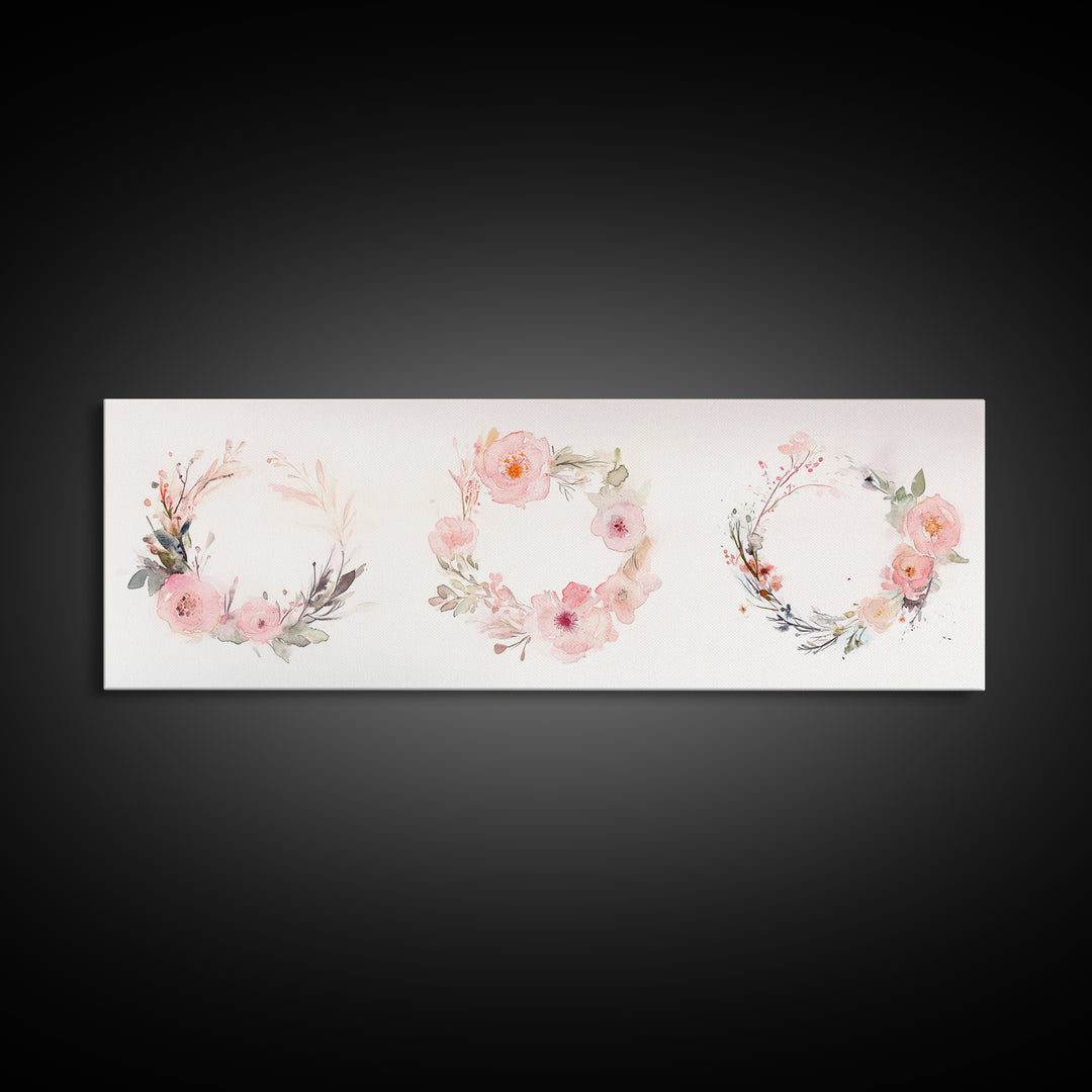 Wildflower Wreath Painting Framed Canvas Print in Pastel Pink and Green, Vertical Rustic Farmhouse Artwork, Botanical Gift Idea
