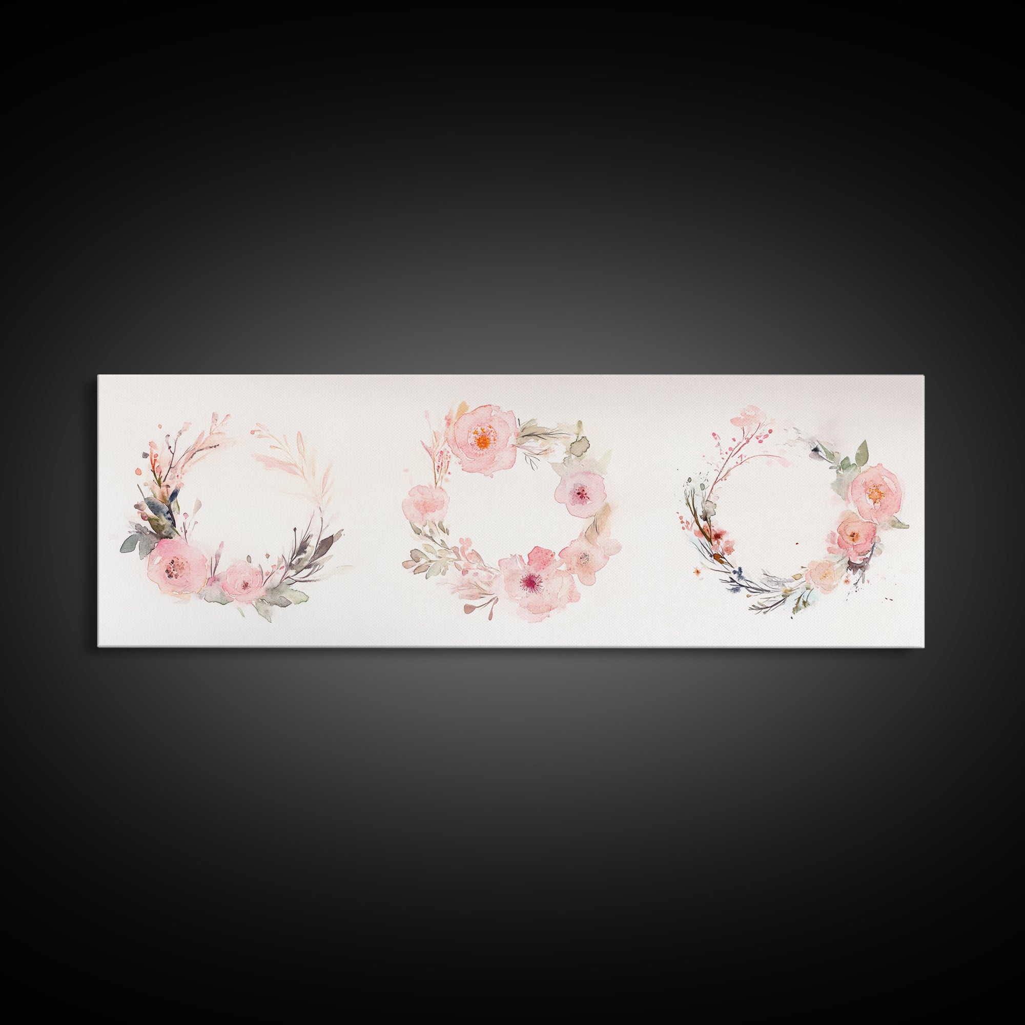 Wildflower Wreath Painting Framed Canvas Print in Pastel Pink and Green, Vertical Rustic Farmhouse Artwork, Botanical Gift Idea