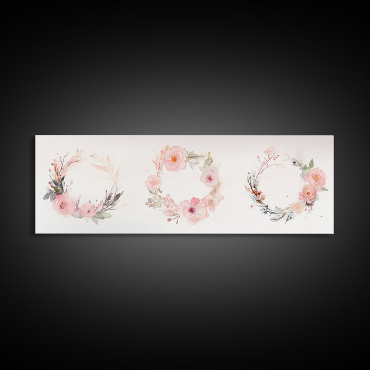 Wildflower Wreath Painting Framed Canvas Print in Pastel Pink and Green, Vertical Rustic Farmhouse Artwork, Botanical Gift Idea