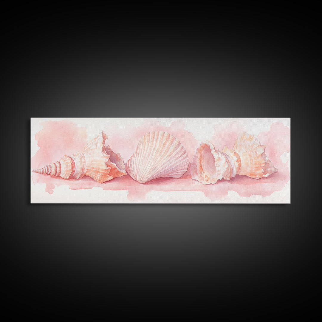 Shell Painting Framed Canvas Print Featuring Coastal Shells in Pastel Pink, Nautical Decor Idea, Horizontal Coastal Artwork