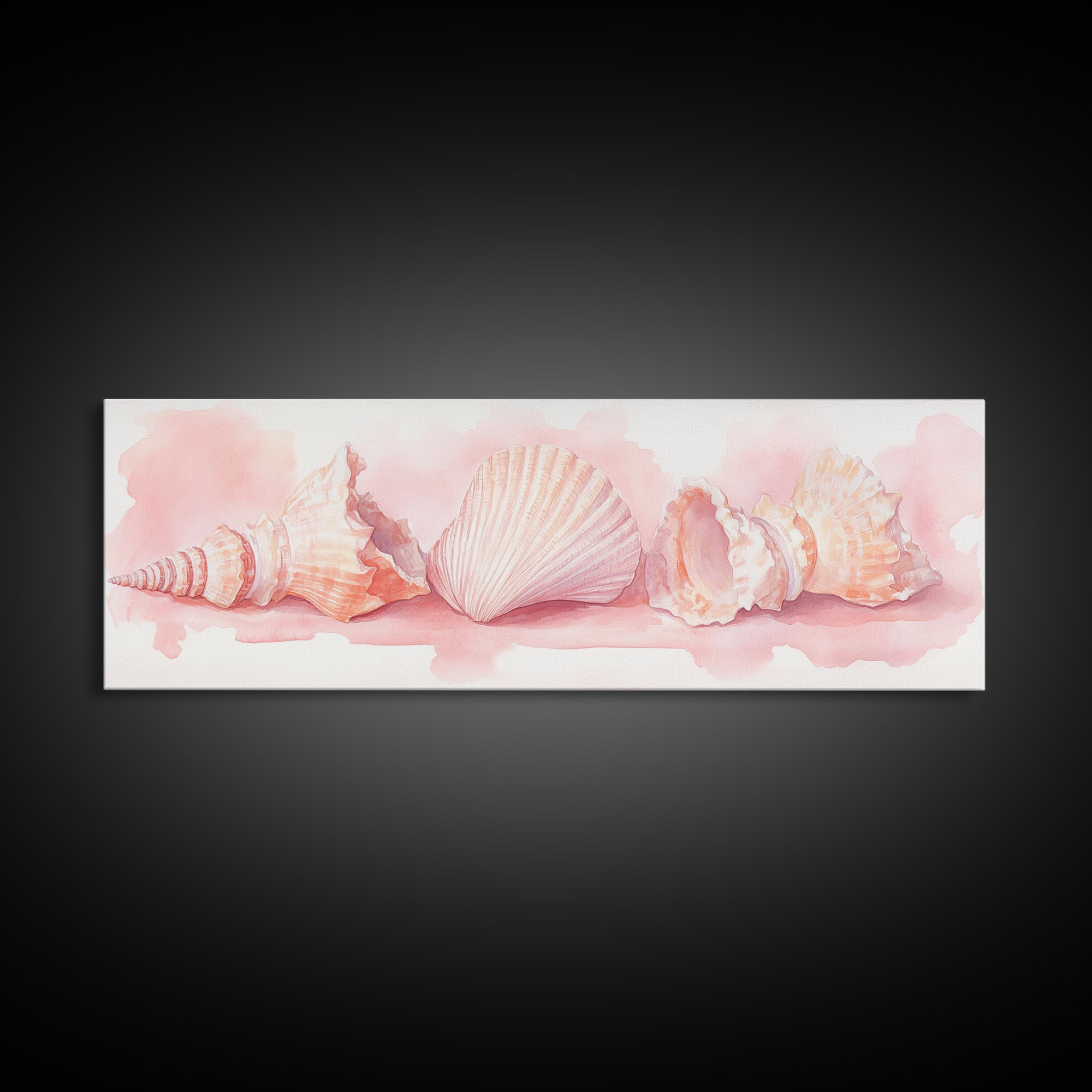 Shell Painting Framed Canvas Print Featuring Coastal Shells in Pastel Pink, Nautical Decor Idea, Horizontal Coastal Artwork
