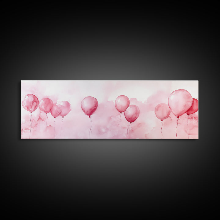 Balloon Painting Framed Canvas Print in Pastel Pink Hues, Whimsical Horizontal Artwork, Light Pink Wall Art for Living Room Decor