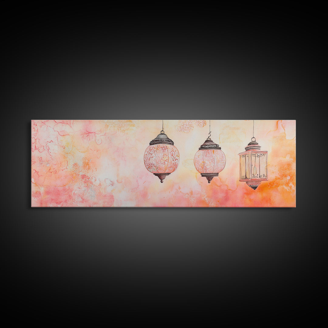 Moroccan Lanterns Canvas Print Pink Orange Wall Art Boho Decor Rustic Living Room Artwork Horizontal Farmhouse Style Gift Idea