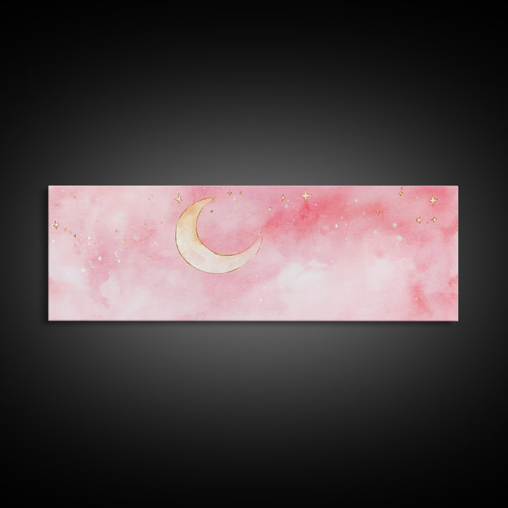 Crescent Moon Canvas Print Light Pink Wall Art Whimsical Night Sky Decor Bedroom Artwork Minimalist Boho Dreamy Gift Idea