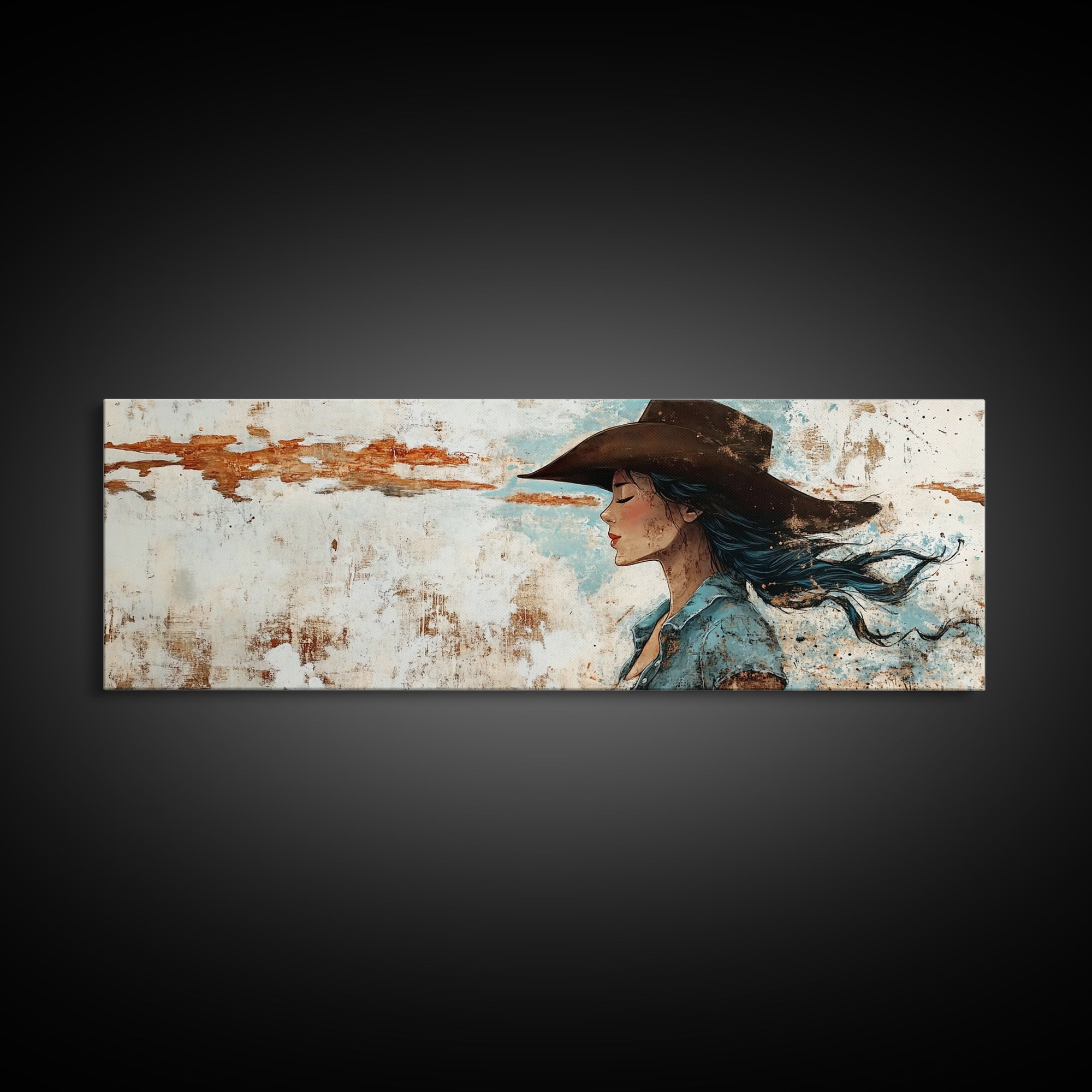 Blue Cowgirl Canvas Print Rustic Western Painting Farmhouse Art Wabi Sabi Artwork Guest Room Decor Extra Wide Wall Art