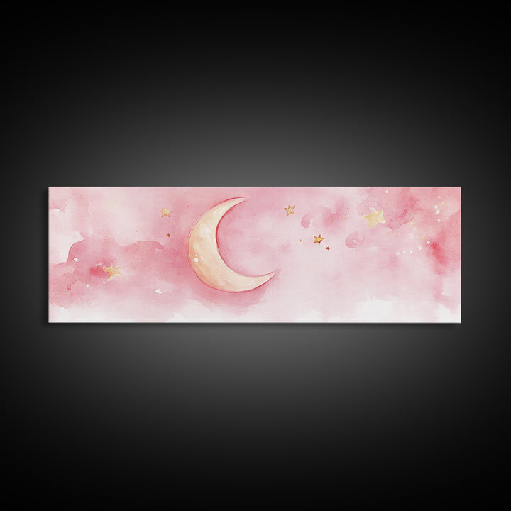 Crescent Moon with Stars Painting, Canvas Print, Light Pink Whimsical Wall Art, Nursery Aesthetic Artwork, Minimalist Cozy Decor