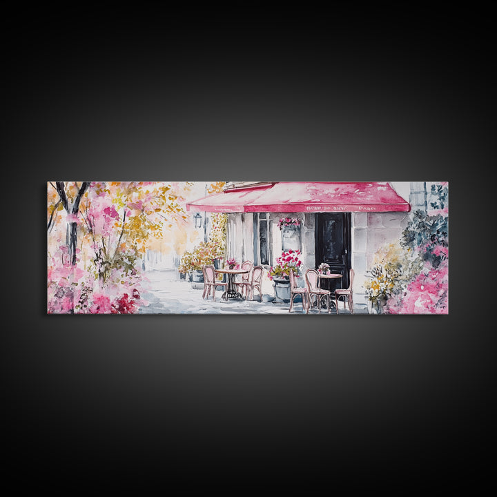 Parisian Cafe Cherry Blossom Painting Framed Canvas Print Extra Wide Art Horizontal Wall Art Rustic Above Sofa Decor