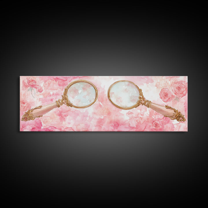 Antique Magnifying Glass Canvas Print, Rose Painting with Vintage Romantic Vibes, Rustic Farmhouse Wall Art, Guest Room Decor