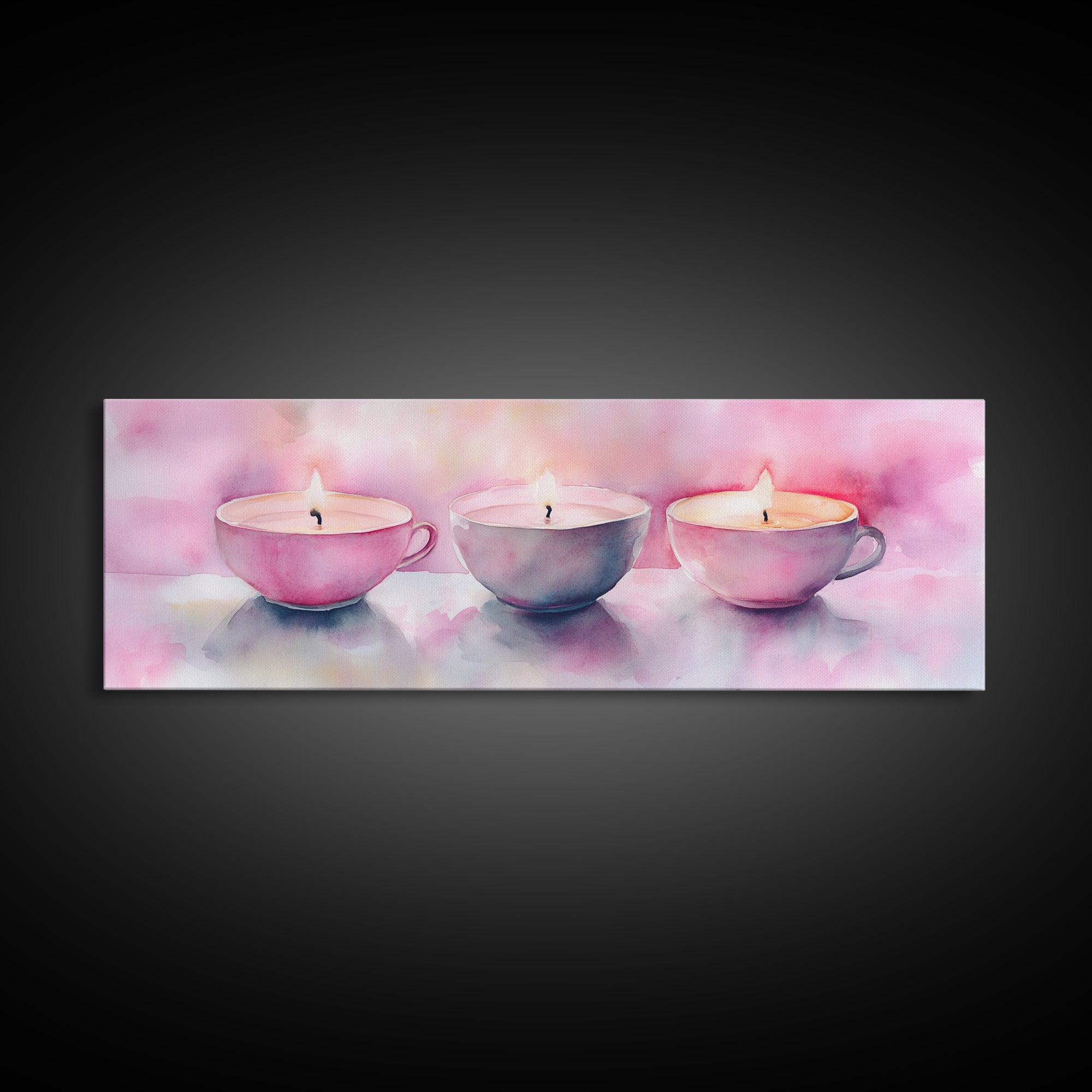 Candlelight Framed Canvas Print, Cozy Pastel Teacup Candles Art, Light Pink Wall Decor, Bedroom or Dining Room Whimsical Artwork