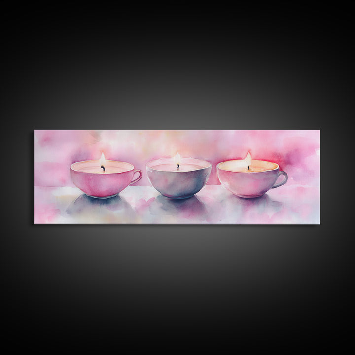 Candlelight Framed Canvas Print, Cozy Pastel Teacup Candles Art, Light Pink Wall Decor, Bedroom or Dining Room Whimsical Artwork