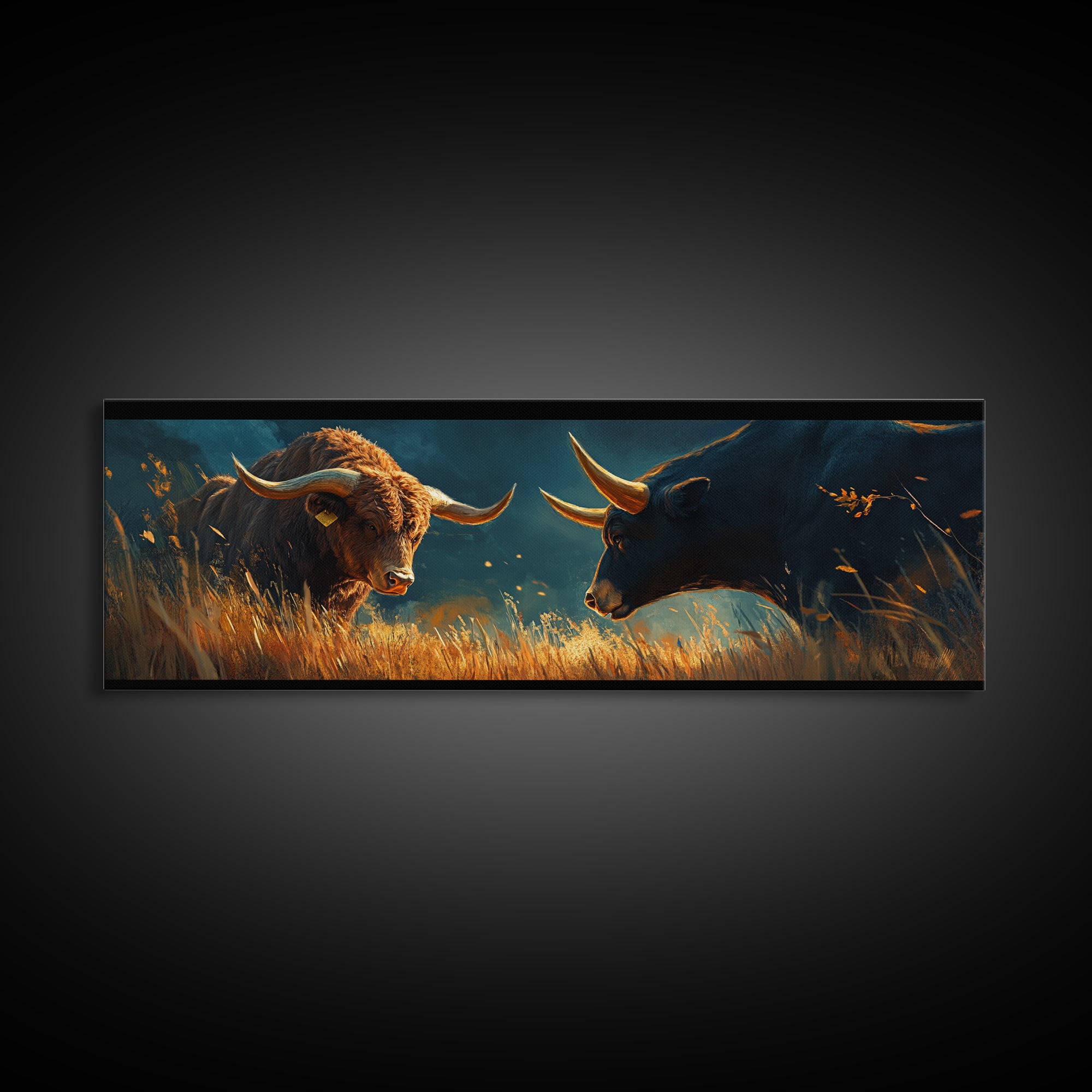 Rustic Bull Showdown Canvas Print - Dramatic Autumn Landscape Art, Industrial Wall Decor, Moody Living Room Accent, Gift Idea For Him