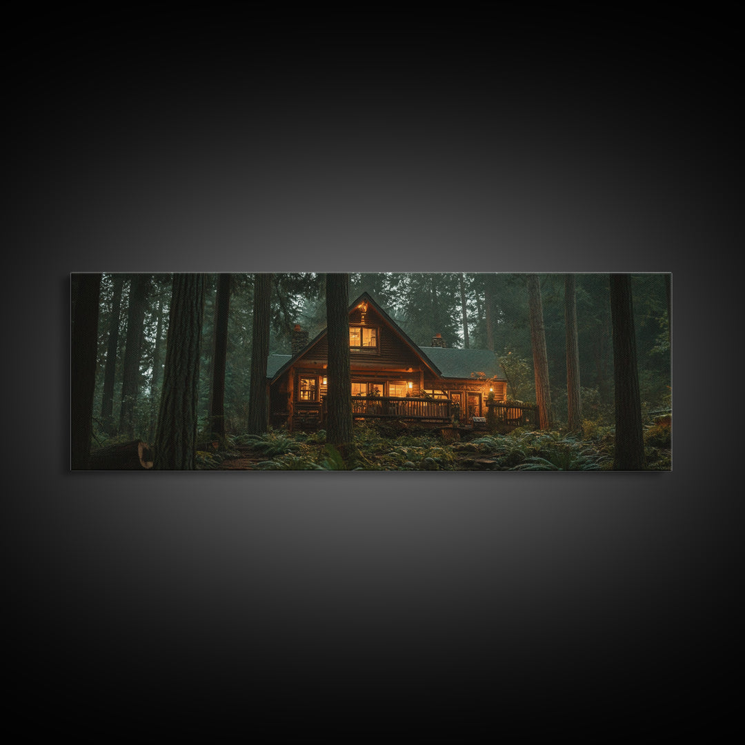 Warm Forest Cabin Framed Canvas Print, Rustic Decor Wall Art, Cozy Woodland Scene Painting, Moody Autumn Landscape, Living Room Art Piece
